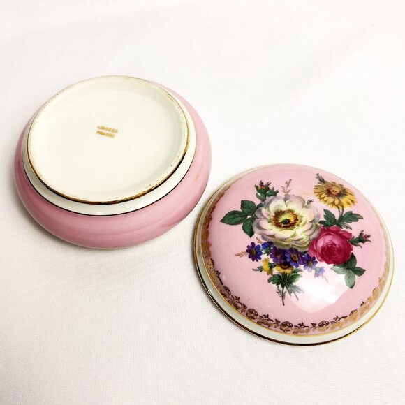 Limoges France Vintage Porcelain Trinket Box Pink Floral Vanity Dish Gold Trim - Picture 5 of 11